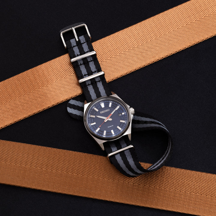 Seat Belt Nylon Military Style Watch Band - Black and Gray, Stainless Hardware