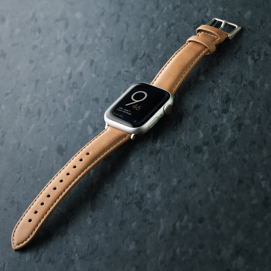 Apple Watch Leather Watch Band - Camel Tan/Natural/Silver Aluminum