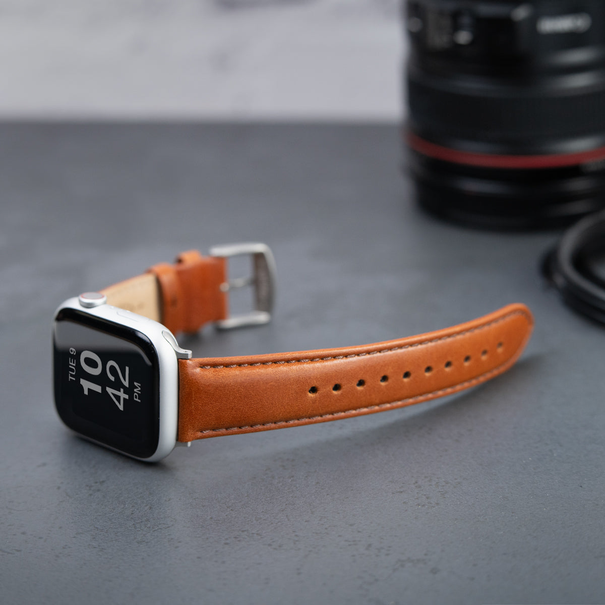 Apple Watch Band - Stainless Steel - Orange Textured Calf Leather
